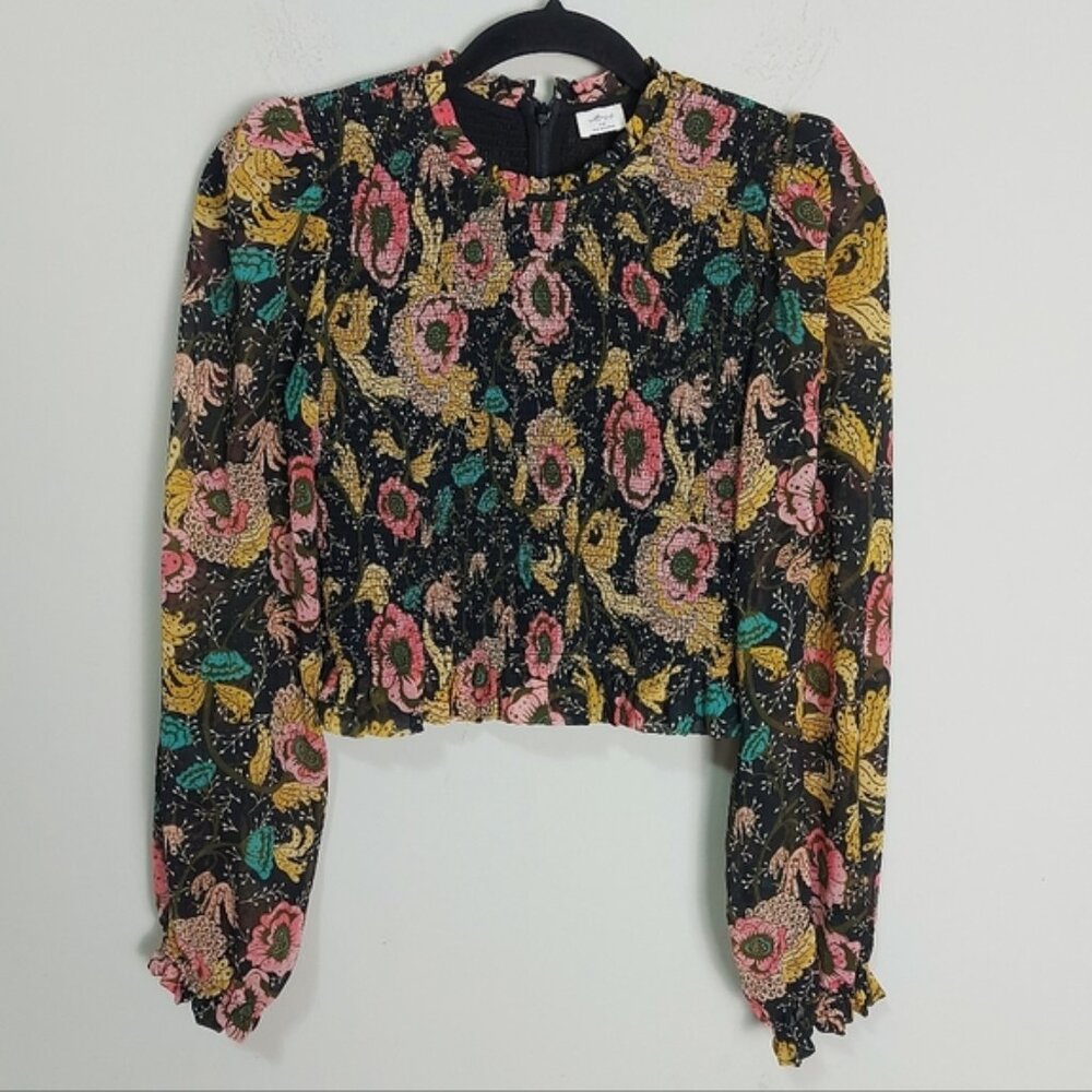 Wilfred Lilith Cropped Ditsy Floral Blouse XS Ruffle Smocked Sheer Long Sleeve
